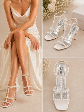 Badgley Mischka Camilia Pearl-Embellished Strappy Heels | NWT | Ivory / Silver